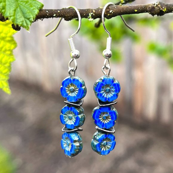 Blue Flower Drop Earrings Handmade - Picture 3 of 5
